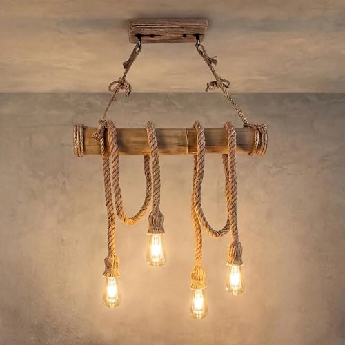 Offerta a tempo: MAKA Lampadario Vintage Retro, Corda di Bambù Naturale, 4x40W Teste E27, Stile Industriale e Rustico - Illuminazione Sospesa Regolabile, Design Unico per Salotto, Camera da Letto, Bar e Ristorante - 0.00% da 56.90 € a 56.90 €