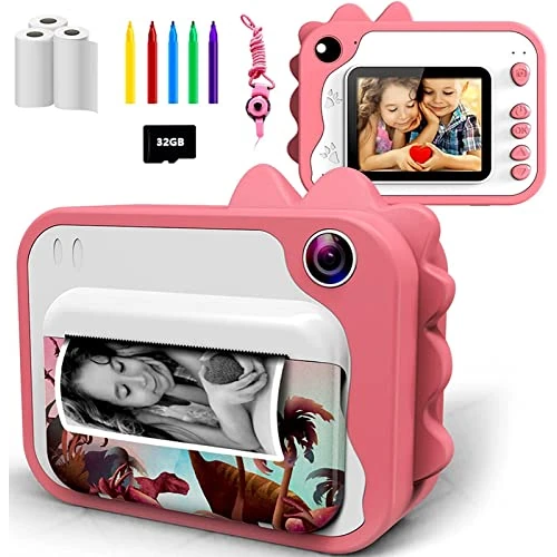 Uleway Macchina Fotografica Istantanea per Bambini,Fotocamera Digitale 1080P HD Videocamera Obiettivo con 32GB Scheda SD, 5 Penne colorate,Regalo Giochi Bambini 3-12 anni di Compleanno(Rosa)