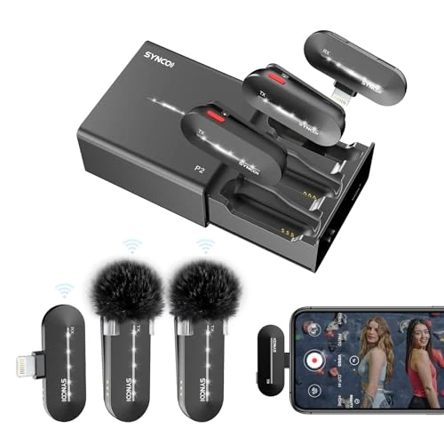 SYNCO Wireless Lavalier Microphone【MFi Lightning-Certified】, P2L 2.4GHz Mini Microphone for iPhone ipad with Charging Case for Youtuber Interview TikTok, Wireless-Lavalier-Mic-iPhone-Lightning
