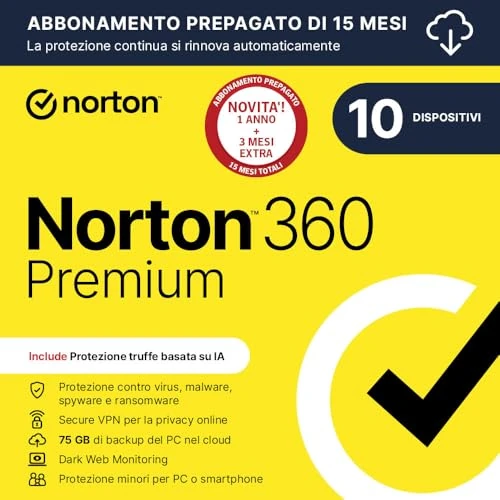 Offerta a tempo: Norton 360 Premium 2026| Antivirus 10 dispositivi|15 mesi rinnovo automatico|Digital Download - 66% da 79.99 € a 26.98 €
