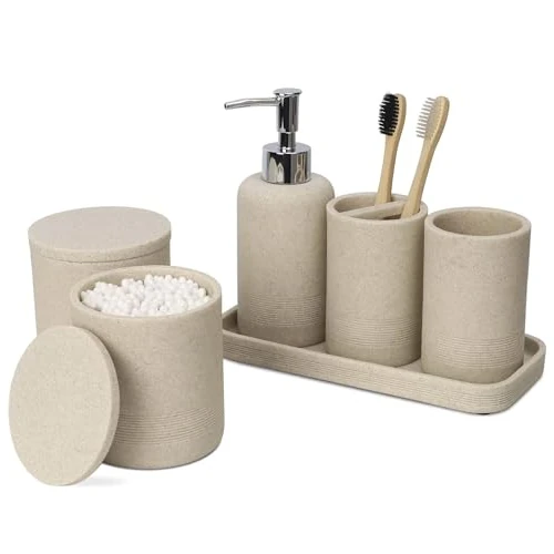 Offerta a tempo: ZCCZ Set Bagno Accessori Completo 6 pezzi - Kit con Dispenser Sapone, Porta Spazzolino, Supporti Qtip, Bicchiere e Vassoio Vanità - Accessori Moderni per Bagno Elegante - Beige - 0.00% da 39.99 € a 39.99 €