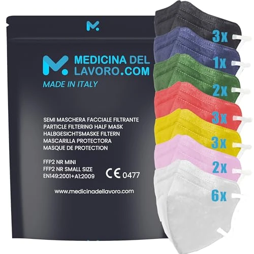 20 Mascherine FFP2 Colorate Mix Taglia Piccola Small Size Certificate CE 0477 Italia, Mascherina 4 Strati, Maschera Facciale Certificata e Sanificata, Face Mask con PFE>94% 20 Pezzi - Made in Italy