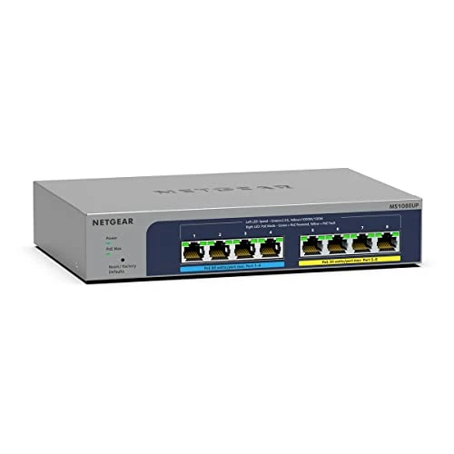 NETGEAR Switch de 8 Puertos y 2, 5 GB MS108EUP |Switch PoE Plus Ultra60 multigigabit gestionado | 4 Puertos PoE+/++ a 230 W - Sin Ventilador, conectividad Punto de Acceso WiFi 6