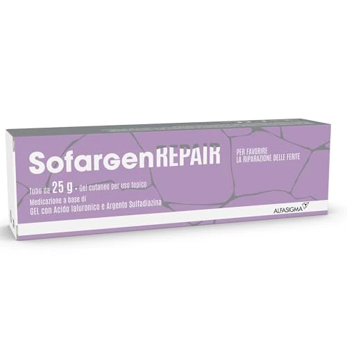 Sofargen Repair Gel Cutáneo con Ácido Hialurónico y Plata Sulfadiazina, Indicado Tratamiento Local de Lesiones Cutáneas como Abrasiones, Escoriaciones, Cortes, Heridas, Quemaduras, 25 ml