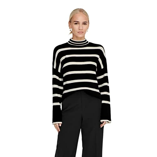 Beperkte aanbieding: ONLY Dames ONLIBI L/S HIGNECK CC KNT trui, zwart/stripes: W. Whitecap grijs melange, L van 34.99 EUR naar 23.68 EUR (besparing 32%)