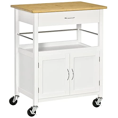 Offerta a tempo: HOMCOM Carrello Cucina con Cassetto Armadietto e Scaffale, Carrellino Portavivande con Piano in Bambù e 4 Ruote, Bianco - 29% da 111.95 € a 79.98 €