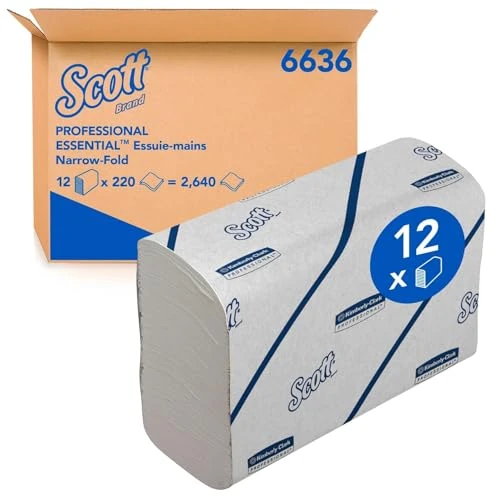 Limited offer: Scott Essential Hand Towels, Narrow Fold White Paper Towels for Bathroom, Soft, Strong, Eco-Friendly, Highly Absorbent, 12 Clips x 220 N-Fold Paper Sheets (2,640 Sheets Total), model nr. 6636 from 27.96 EUR to 23.49 EUR (save 16%)