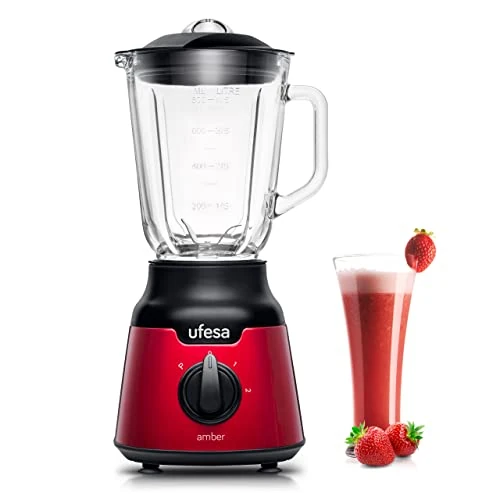 Ufesa BS4100 Amber Red Compact Blender Blender, 900W, 0.8L, 2 Speeds + Pulse, 4 Stainless Steel Blenders, Glass Jar, Airtight Closure, Crushed Ice, BPA-Free, Stainless Steel Red