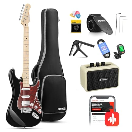 Offre limitee: Donner Guitare Electrique, Pack Guitare Electrique Adulte HSS Pickup Coil Split, Guitare Taille Réelle avec Ampli, Housse, Accessoires, DST-152B Noir de 184.99 EUR a 162.55 EUR (economie 12%)