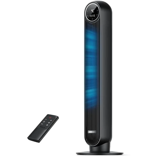 Dreo 20dB Ventilador de Pie Silencioso, Ventiladores de Torre con Velocidad de 7,6 m/s, 4 Velocidades, Rotación de 90°, Temporizador de 8 Horas, Pantalla LED y Mando a Distancia Incluido. Negro