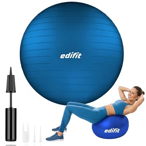 EDIFIT, Ballon Grossesse, 55, 65 et 75, Swiss Ball, Gym, Pilates, Gonfleur Inclus, Fitness Materiel, Gymnastique, Yoga Accessoires (65cm, Bleu)