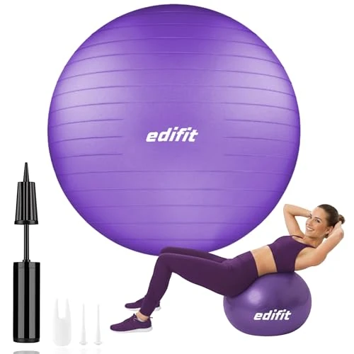 EDIFIT, Pelota de Pilates, 55,65 y 75, Ejercicio en Casa, Incluye Hinchador, Fitball, Embarazadas, Accesorios Yoga, Gimnasio, Varios Tamaños (65cm, Violeta)