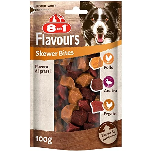 8in1 Flavours Skewer Bites Meat Snacks - Protein Rich Dog Treats with Chicken Breast, Duck Breast or Chicken Liver, 100g Bag