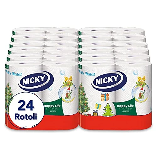 Offerta a tempo: Nicky Happy Life Christmas - Carta Cucina Natalizia, 24 Rotoli Asciugatutto da 100 Strappi, Carta a 2 Veli, Apertura Facilitata, 4 decori natalizi diversi, Resistente ed Assorbente, Carta FSC - 20% da 29.90 € a 23.92 €