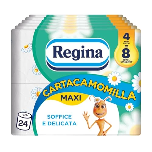 Offre limitée : Regina Cartacamomille - 24 rouleaux de papier toilette, 300 feuilles moelleuses à 3 voiles, délicates et consistantes, parfum de camomille, emballage en papier recyclable, 100 % certifié FSC de 29.99 EUR à 19.96 EUR (remise 33%)