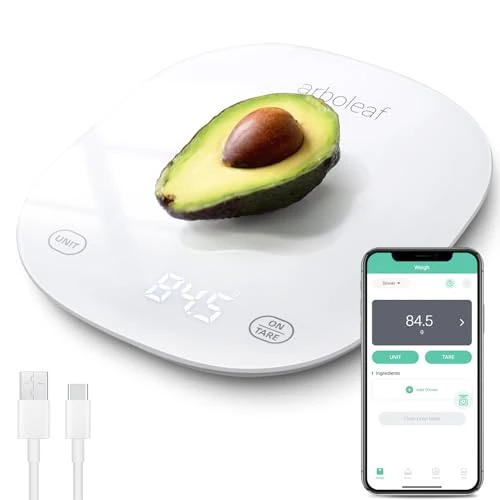arboleaf Cyfrowa waga kuchenna, waga kuchenna z kalkulatorem żywieniowym, inteligentna waga kuchenna z funkcją tarowania, ładowana przez USB, 5 kg, biała