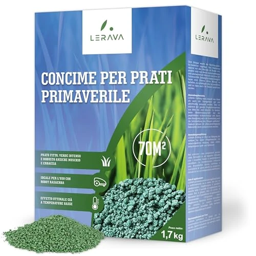 LERAVA abono césped primavera (70 m²) - fertilizante césped liberación lenta - abono con protección fúngica y efecto duradero - fortalece el prado y realza su color verde intenso - 1,7 kg