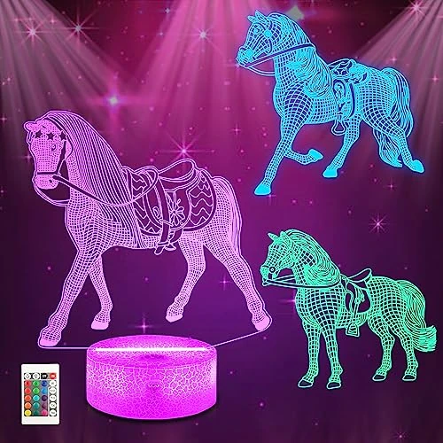 Offerta a tempo: Ammonite Luce notturna a forma di cavallo, lampada 3D a forma di cavallo (3 modelli) con telecomando, 16 colori cangianti, decorazione per la stanza come regalo di Natale e compleanno per adolescenti - 18% da 29.28 € a 23.89 €