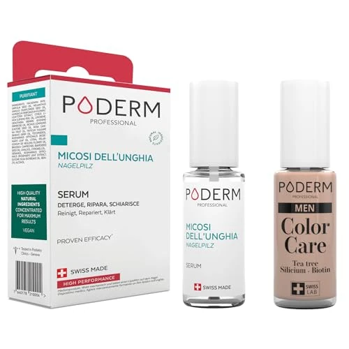 PODERM - 2 PRODOTTI - MICOSI DELLE UNGHIE TRATTAMENTO 2 in 1 | SPECIALE UOMO SMALTO TEA TREE COLOR NUDE, MAT NON LUCIDO | BIO | Trattamento professionale mani/piedi | Facile e rapido | Swiss Made