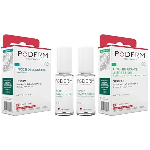 PODERM - 2 PRODOTTI - MICOSI DELLE UNGHIE TRATTAMENTO 2 in 1 | UNGHIE CHE SI SPEZZANO, RIGATE, INFRAGILITE | BIO | Trattamento professionale mani/piedi | Facile e rapido | Swiss Made