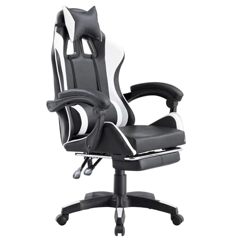 Brigros - Chaise de Gaming Racing Ergonomique inclinable avec accoudoirs, Fauteuil de Bureau pivotant avec roulettes, Repose-Pieds, appuie-tête et Coussin Lombaire en Simili Cuir, portée : 125 kg