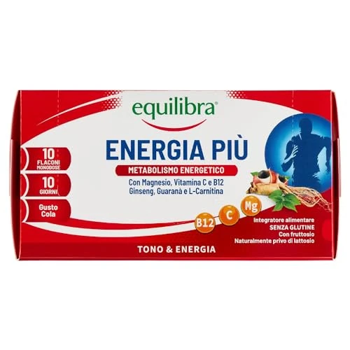 Equilibra Voedingssupplementen, energie, polyurethaan, voedingssupplementen met magnesium, vitamine C, vitamine B12, ginseng, guaraná en L-carnitine, smaak cola, glutenvrij, 10 flessen om te drinken