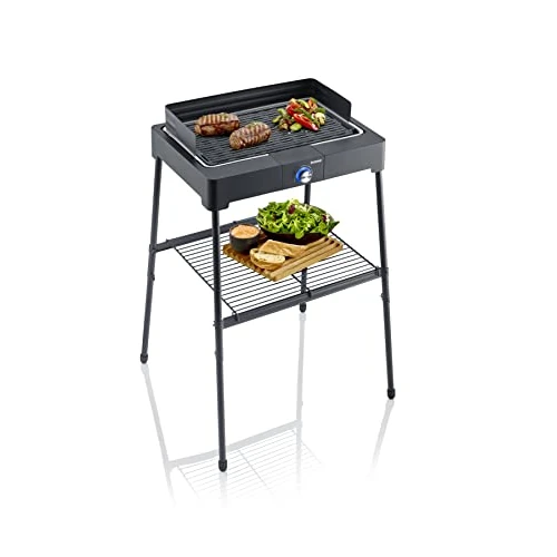 Offerta a tempo: SEVERIN Barbecue Elettrico con Gambe e Ripiano, Piastra in Alluminio, Grill da Balcone con Alloggiamento SafeTouch Antiscottatura, Funzione Quick-Start, 2200 W, Nero - PG 8568 - 40% da 129.90 € a 77.99 €