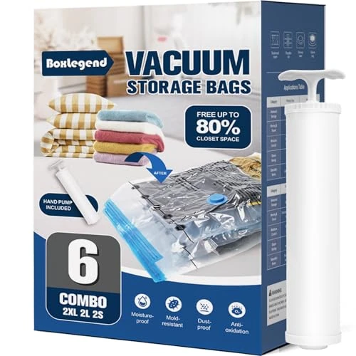 Offerta a tempo: BoxLegend Sacchetti Sottovuoto Vestiti 6 Pezzi 2XL + 2L + 2S Buste Sottovuoto Sacchetti Salvaspazio Aspirapolvere Viaggi Deposito Domestico per Copertine, Cuscini, Giacca, 1 Pompa Manuale - 35% da 16.99 € a 11.01 €