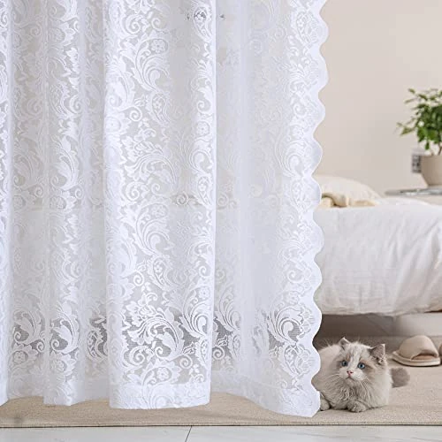 ALIGOGO White Lace Curtains 72 Inch Length Shabby Chic Living Room Door Vintage Sheer Floral Window Curtains Drapes Drawstring 1 Pair 52x72 Inch