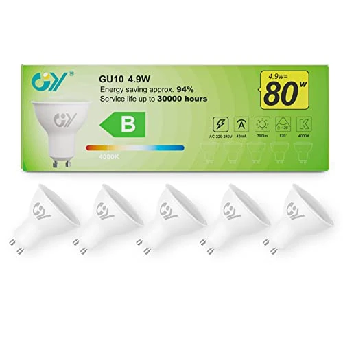 GY Ampoules LED GU10 4.9W Equivalent 80W, 790LM 4000K Blanc Neutre, Angle de Lumière 120°, Ampoule GU10 Led Efficacité Energétique, Non-Dimmable, Lot de 5