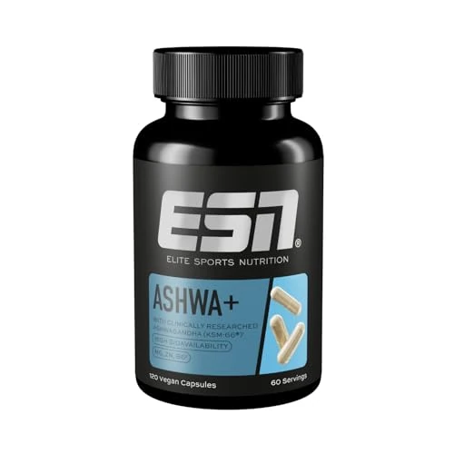 ESN Ashwa+, 120 Capsules, Ashwagandha KSM-66 - Vegan - 600 mg Ashwaganda-Wortelextract per Portie, 60 Porties, Gemaakt in Duitsland, Laboratorium Getest