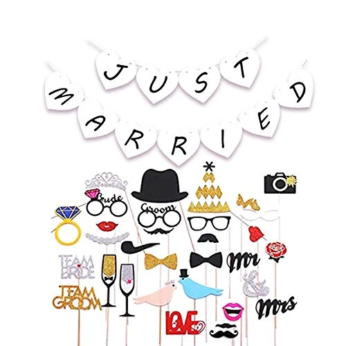 Tijdelijke aanbieding: Bruiloft Fotorekwisieten Fotocabine Props Decoratie en Pasgetrouwden Garland Just Married Banner 30 stuks Fotoaccessoires Fotoprops voor Wedding Decoratie Feestje van 9.99 € naar 9.99 € (0.00% korting)