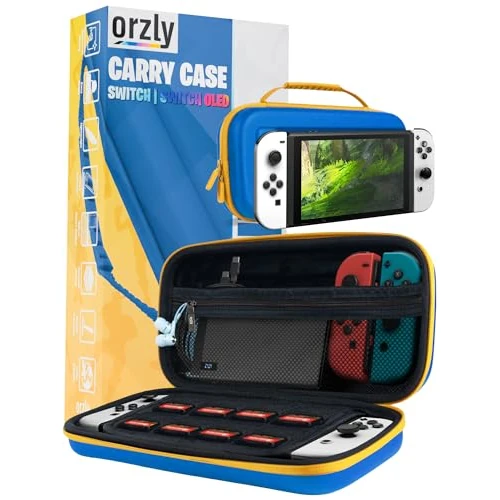 Orzly Étui Switch pour Nintendo Switch/Switch OLED – Fortnite Joycon avec Accessoires et Rangement de Cartes de Jeu – Étui de Transport de Protection de Voyage (Bleu/Jaune)