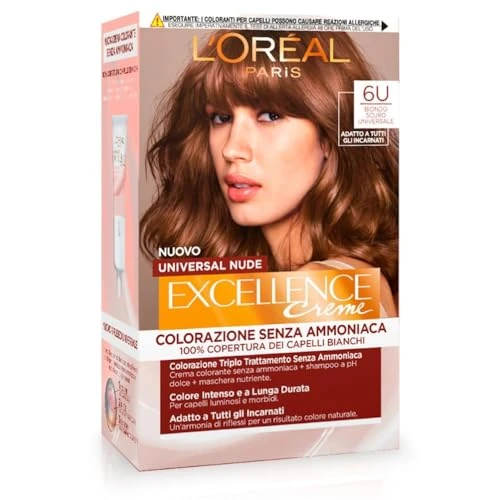 Offerta a tempo: L’Oréal Paris Colorazione Permanente Excellence Universal Nude, Senza Ammoniaca, Con Riflesso Universale, Adatto a Tutti gli Incarnati, Colore Intenso a Lunga Tenuta, Biondo Scuro 6u - 21% da 11.90 € a 9.40 €