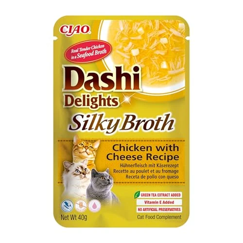 INABA Dashi Delights Silky Bouillon: recept voor kip met kaas (1 x 40 g) / graanvrij, rijk aan eiwitten, natuurlijke ingrediënten, heerlijk en gezond, nat kattenvoer