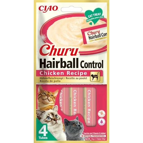 INABA Churu Hairball Snack Gatti per Prevenire le Palle di Pelo - Gusto Pollo, 4 Stick x 14g - Cibo per Gatti con Omega 3 e 6, Taurina e Vitamina E Contro i Boli di Pelo, Snack Funzionale
