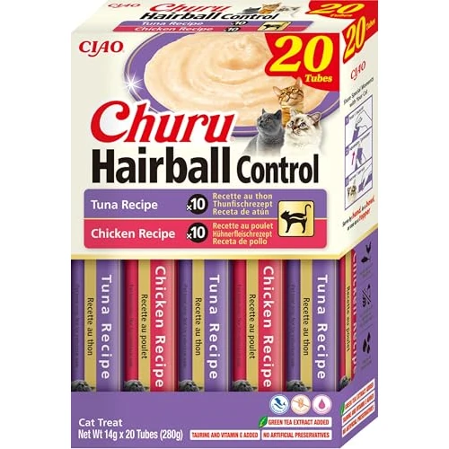 Oferta limitada: INABA Churu Hairball para Gatos - Snack Cremoso para Prevenir Las Bolas de Pelo - Recetas de Atún y Pollo - Premios Saludables con Omega 3 y 6 - Sin Conservantes ni Colorantes - 280 g (20 x 14 g) de 14.99 € a 12.74 € (ahorro 15%)