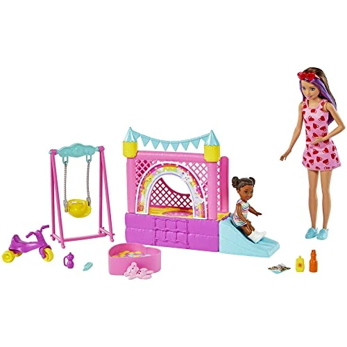 Barbie Coffret Skipper Baby-Sitter Château Gonflable avec Poupée Skipper Baby-Sitter, Poupée Bébé, Balançoire et Accessoires, Jouet Enfant, Dès 3 Ans, HHB67