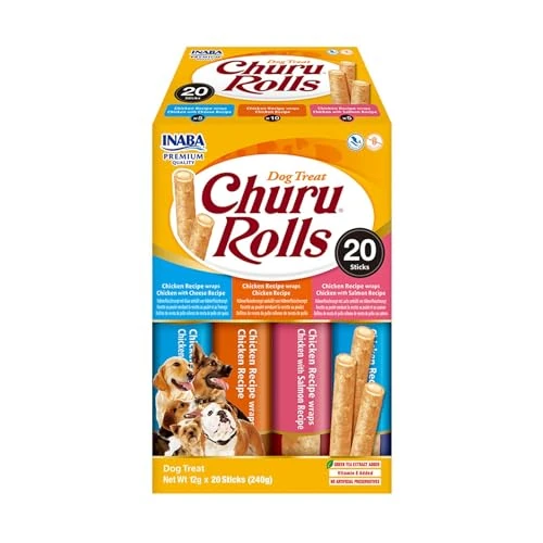 Offerta a tempo: INABA Churu Rolls Snack per Cani, Bastoncini di Pollo in 3 Varietà di Gusti - 20 Stick x 12gr - Premietti per Cane Morbidi e Deliziosi - Cibo per Cani Senza Conservanti o Coloranti Artificiali - 16% da 17.99 € a 15.04 €
