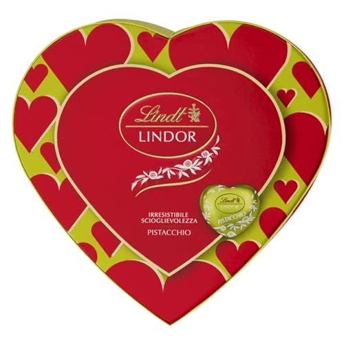 Lindt San Valentino Scatola Regalo Cioccolatini Lindor a Forma di Cuore al Cioccolato al Latte e Ripieno al Pistacchio, in confezione 82g