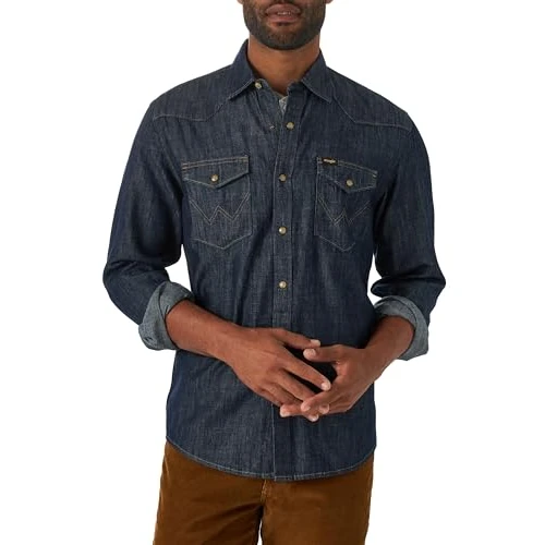 Wrangler Iconic Regular Fit Snap Shirt Chemise à Bouton Bas, Denim rincé, M Homme