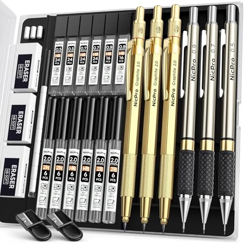 Offre limitee: Nicpro 6 Métal Porte-Mines 0,5, 0,7, 0,9 et 2mm (2B HB 2H), Art Crayon Mécanique Criterium avec Mines, Gommes, Taille Crayon, Trousse pour Dessin, Esquisse, illustration, Architecture et écriture de 18.99 EUR a 16.14 EUR (economie 15%)