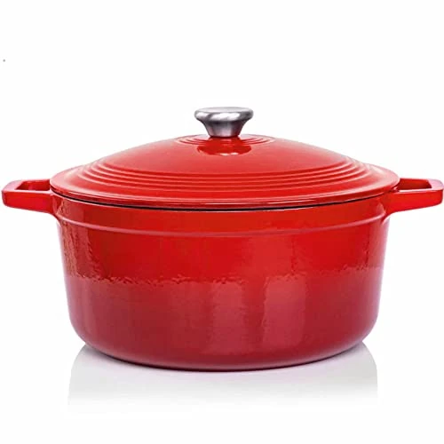 Oferta limitada: Cazuela Redonda de Hierro Fundido Rojo 6 Litros VeoHome, Olla y Dutch Oven para Pan, Horno Holandés, Cocotte para Cocinar al Horno, Guisos, Asados y Chimenea - caldero diámetro 28cm de 64.99 € a 64.99 € (ahorro 0.00%)