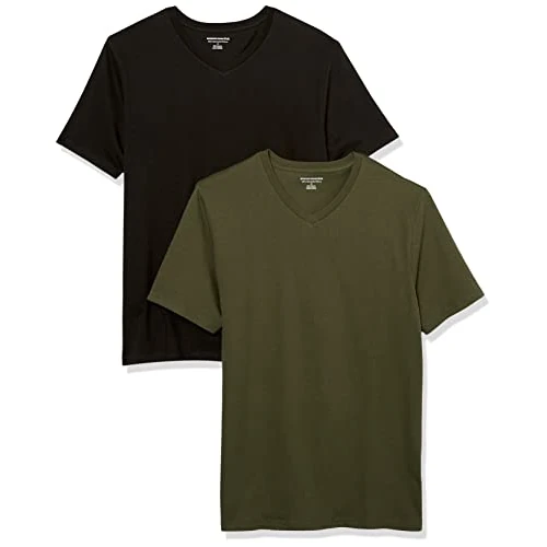 Amazon Essentials Męski T-shirt z krótkim rękawem i dekoltem w serek, wąski krój, 2 sztuki, czarny/oliwkowy, rozmiar M