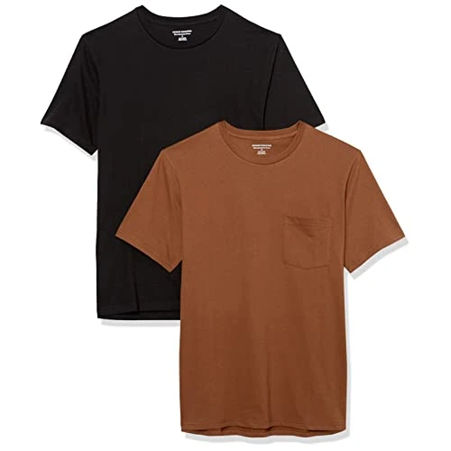 Zeitlich begrenztes Angebot: Amazon Essentials Herren Kurzärmeliges T-Shirt mit Rundhalsausschnitt und Tasche, 2er-Pack, Schwarz/Braun, XS von 12.75 € auf 12.75 € (0.00% Rabatt)