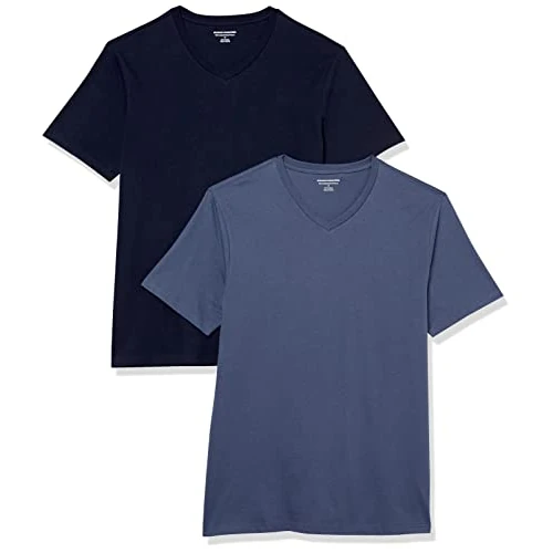 Amazon Essentials T-Shirts Col en v à Manches Courtes Homme, Lot de 2, Bleu Foncé/Bleu Marine, S