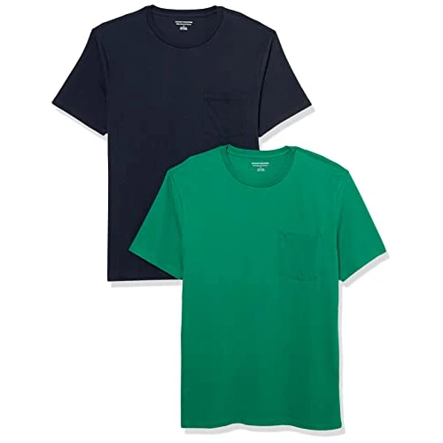 Offerta a tempo: Amazon Essentials T-Shirt Girocollo con Tasca a Maniche Corte Uomo, Pacco da 2, Blu Marino/Verde, L - 0.00% da 13.79 € a 13.79 €