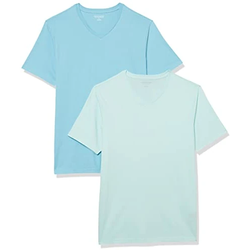 Amazon Essentials Herren T-Shirt Slim Fit Kurzarm V-Ausschnitt 2er Pack Aqua Blue/Light Blue Large