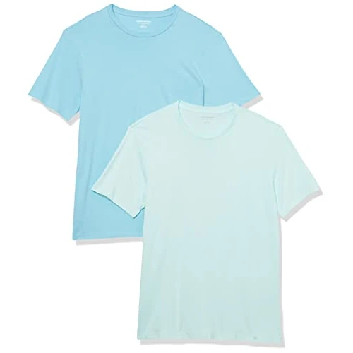 Amazon Essentials T-shirt ajusté à encolure ronde et manches courtes Homme, Lot de 2, Bleu Clair/Bleu des Mers du Sud, L