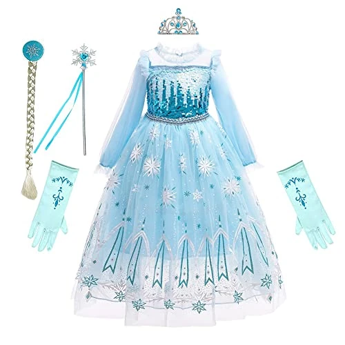 REXREII Meisjes Frozen Elsa Prinses Jurk Lange Mouwen Halloween Kostuum Kerst Verjaardag Avond Party Baljurk met Accessoires 4-5T